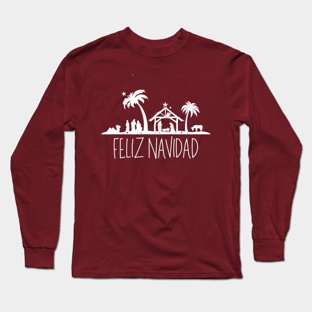 Feliz Navidad White Christmas Nativity Scene Long Sleeve T-Shirt by KayBee Gift Shop